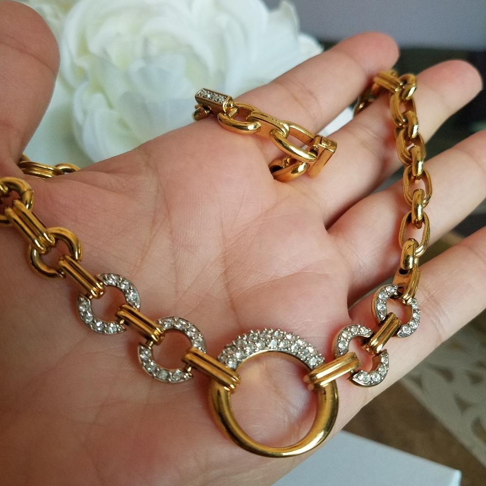 AUTHENTIC Swarovski 18k Gold Plated Chunky Chain Link Vintage Necklace - Picture 12 of 16